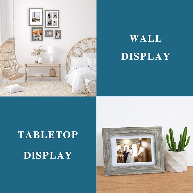4x6 Picture Frame Set of 4, Made of Real Glass and Grey Wooden Frame, 4 by 6 Photo for Wall or Tabletop - Display Picture 3.5x5 with Mat or 4x6 Without Mat