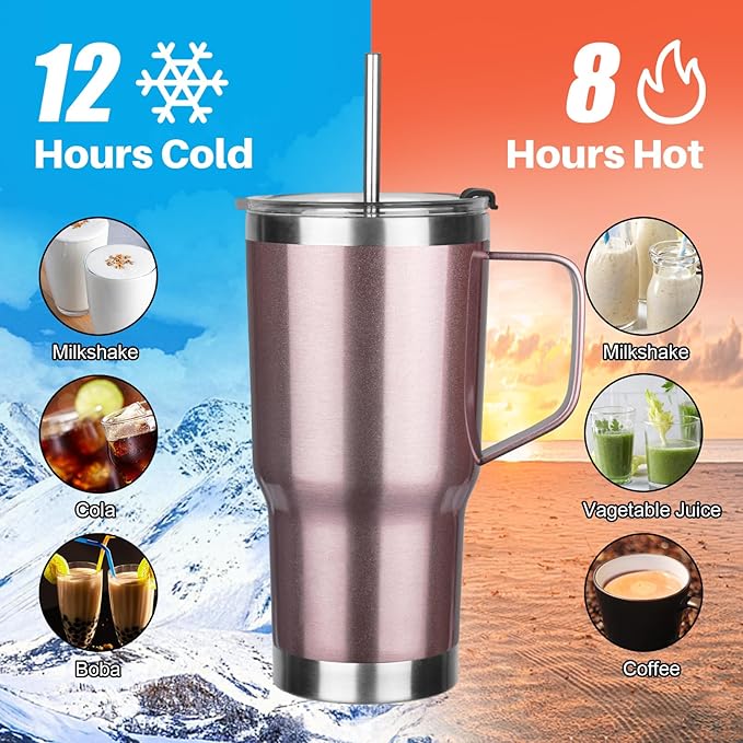 20 oz Tumbler with Handle, Stainless Steel Insulated Tumbler with Lid and Straw, Double Wall Vacuum Insulated Coffee Mug Tumbler, Insulated Coffee Thermal Cup for Cold and Hot (Rose gold)