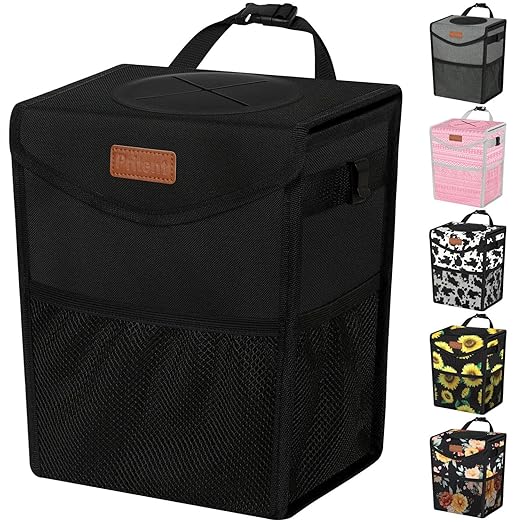 Car Trash Can with Lid, Cute Leakproof Car Trash Garbage Bag Hanging Vehicle Trash Bin Small Portable Automotive Garbage Cans Organizer for Back/Front Seat/Console(2.8 Gallons,Black)