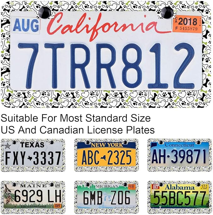 Hand Drawn Dog Pattern With Bones Hearts Paw Trace on White Background License Plate Frames Rust-Proof Stainless Steel Personalized Cover for Women and Men 12.3x6.3 Inch License Plate Holder -DATANSEN