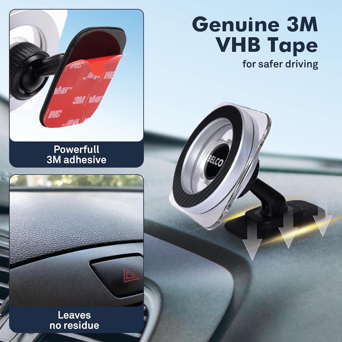 Belco Magnetic Phone Holder for Car – Adhesive Car Phone Mount with 360-degree Rotation for Dashboard and Air Vent – Compatible with iPhone and Android