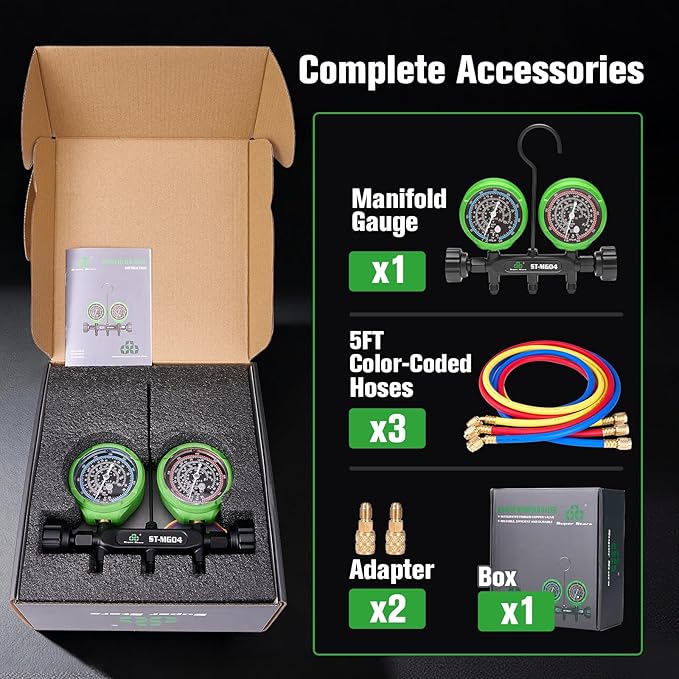 Super Stars A2L Manifold Gauge Set, (psi °F) R32/454B/410A/R22, 3-1/8" Gauges with 60 inches Hoses