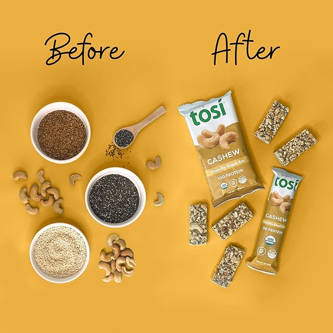 Tosi Almond and Cashew Protein Bars Combo, Plant Based with Nuts, Gluten-Free Crunchy Snacks, Vegan, Organic, Flax & Chia Seeds, Soy-Free, Omega 3s, 5G Protein, 1 oz, 12-Pack