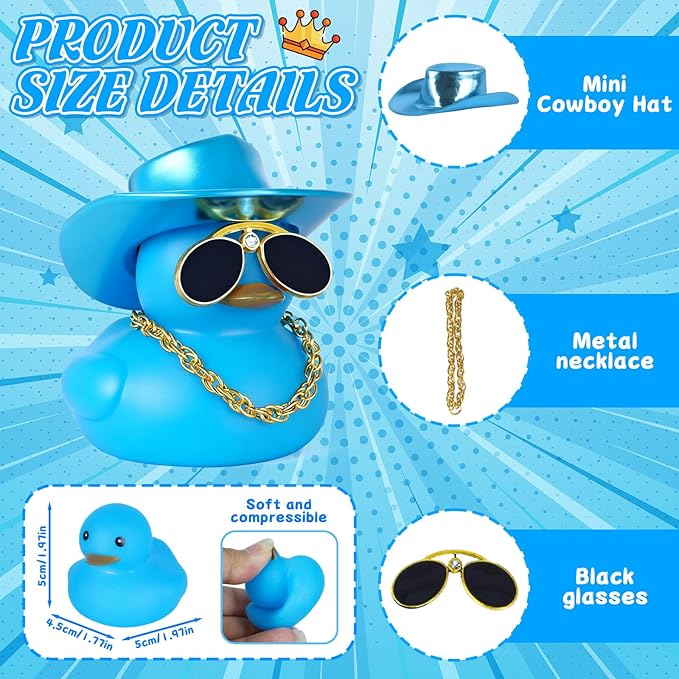 Laser Blue Cowboy Rubber Duck with Hat, Sunglasses & Necklace - DIY Car Dashboard Decor, Squeaky Sound, Premium Rubber, Adult Gift