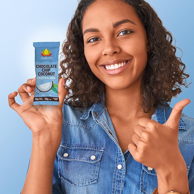 Amrita Nut Free Vegan Protein Bars (12 CT) | Chocolate Chip Coconut 15g Plant-Based Protein Bar | Peanut-Free, Gluten Free, and Dairy-Free | No Added Sugar, High Fiber, Healthy Snacks for Kids/Adults