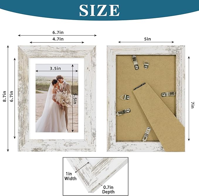 5x7 Picture Frame Set of 4, Made of Real Glass and Distressed White Wooden Frame, 5 by 7 Photo for Wall or Tabletop - Display Picture 4x6 with Mat or 5x7 Without Mat