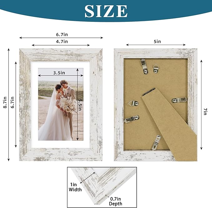 5x7 Picture Frame Set of 2, Made of Real Glass and Distressed White Wooden Frame - Display Pictures 4x6 with Mat or 5x7 Without Mat, 5 by 7 Photo Frame for Wall or Tabletop Display