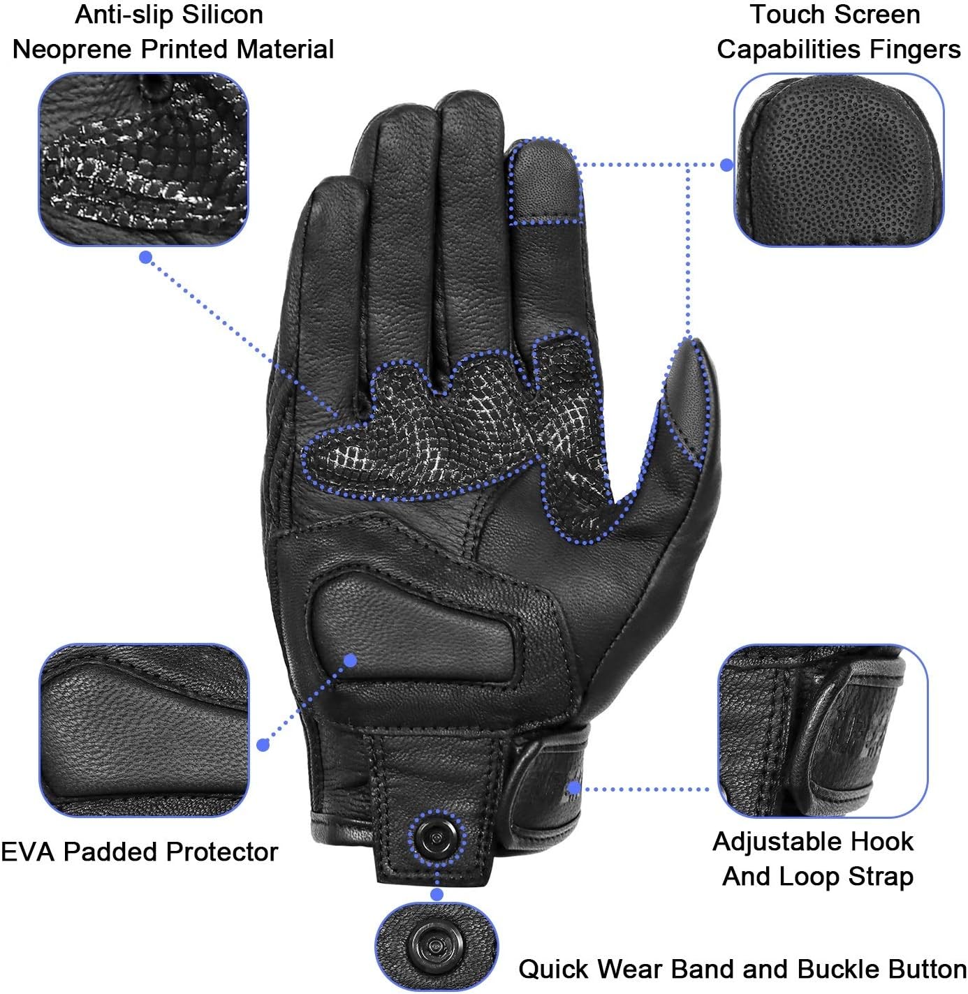 Updated Full Finger Leather Motorcycle Gloves Phone Touch Goat Skin Black Motorbike Riding Gloves (Updated,Non-Perforated, L)