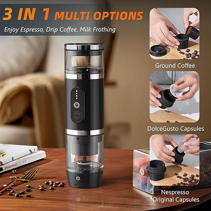 Hobsir Portable Electric Espresso Maker, Travel Coffee Machine for Camping, Car Coffee Maker with Frothing Base, USB-C, 3in1 Capsule, Portable Small Espresso Coffe Machine for RV, Hiking, Office Black