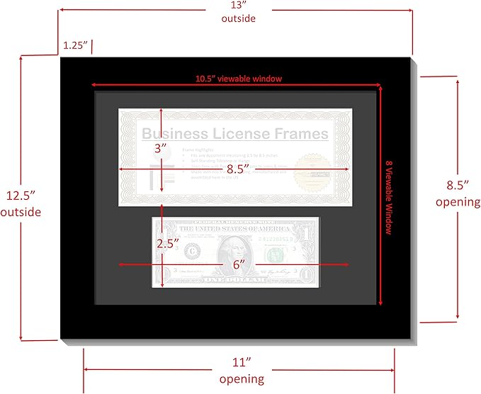 Creative Picture Frames 11Ss-B Stainless Steel First Dollar Frame With Business License, 3.5X8.75 License Including Self Standing Easel And Wall Hanger