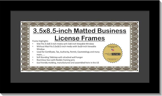Creative Picture Frames [5.5x10.5bk-b] Black Business License Certificate Frame for Professionals Holds 3.5 by 8.5 with Black Mat Includes Self Standing Easel Back with Hanger