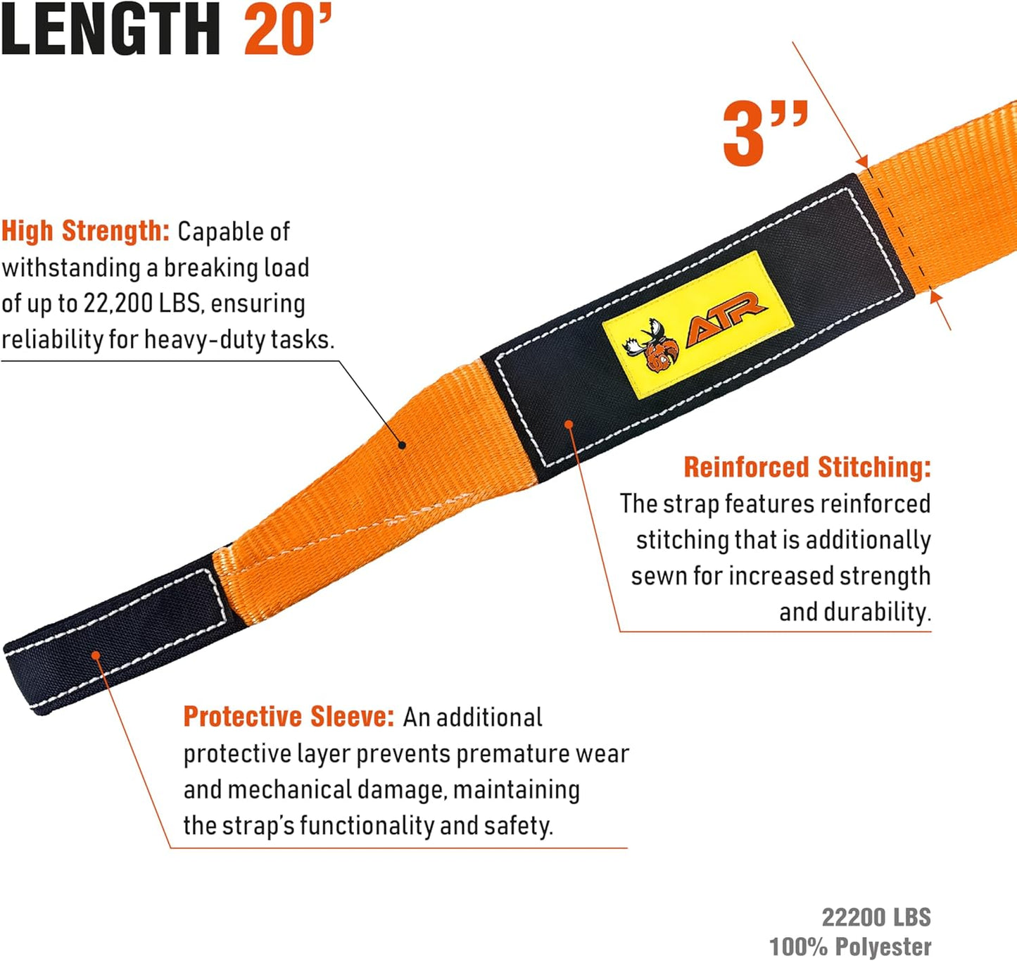 ATR Recovery Tow Strap 3" x 20ft – 22,200 lbs Breaking Strength, Heavy Duty Snatch Strap for Truck, SUV, Off-Road Pulling, Tow Rope with Storage Bag