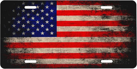 Front License Plate Vintage American Flag Vanity Plates Aluminum Metal Decorative Car Tag Novelty License Plate Cover for Men Women ‎6 * 12 in (4 Holes)
