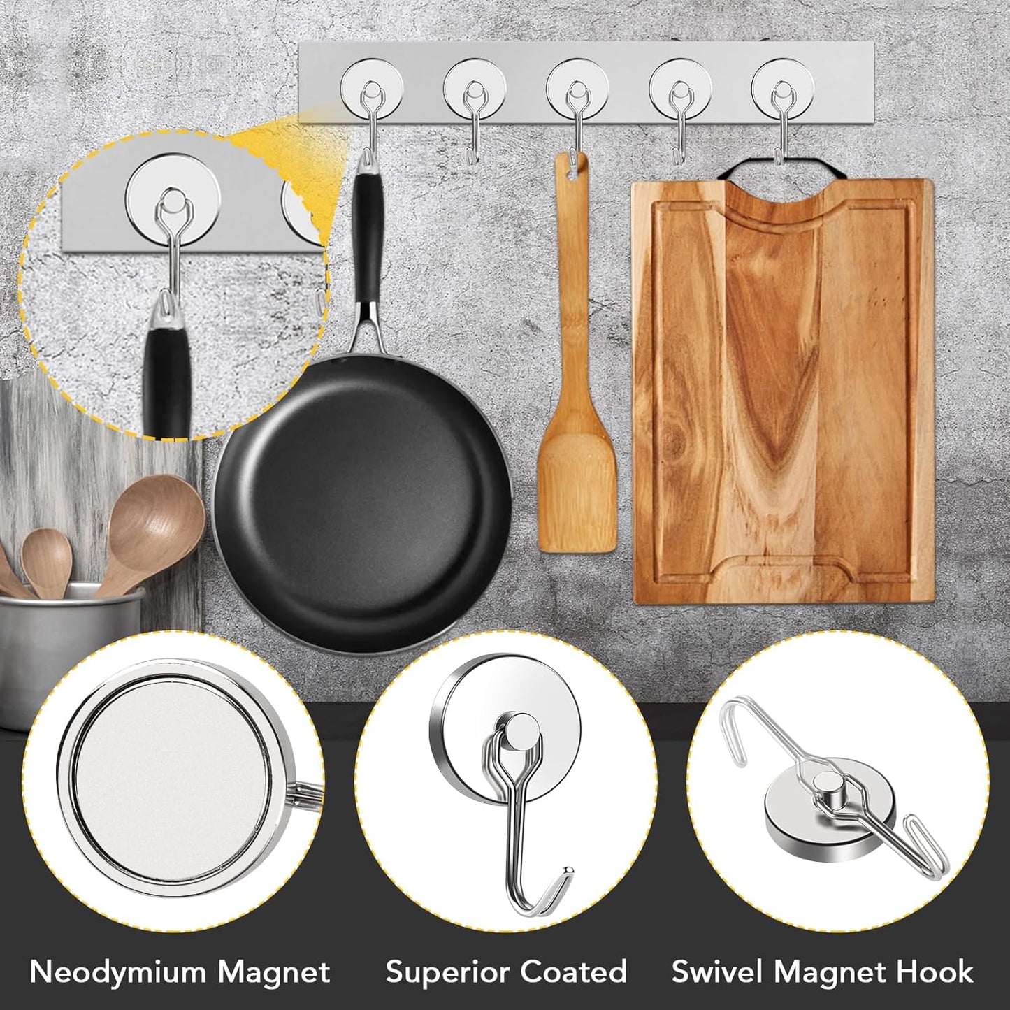 MIKEDE 110LB Magnetic Hooks, Neodymium Magnet Hooks for Hanging, Swivel Swing Magnetic Hook Heavy Duty, Strong Magnet with Hooks for Cruise, Kitchen, Camping, Door, Locker - 2 Pack