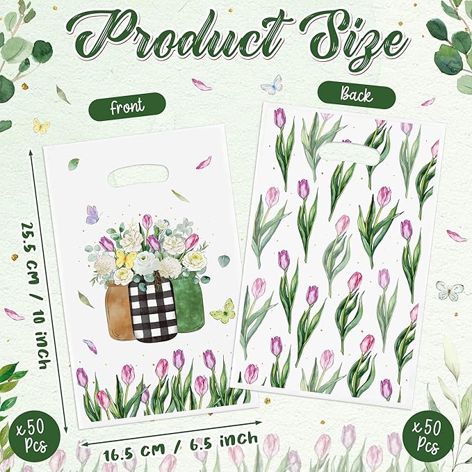 Tulip Party Favor Bags - 50Pcs Spring Tulip Eucalyptus Leaves Camellia Goody Candy Treat Gifts Bags, Spring Floral Theme Party Decorations for Girls Women Birthday Wedding Bridal Shower Supplies