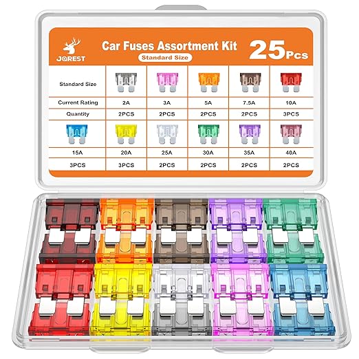 JOREST 25Pcs Standard Car Fuse Kit -Standard Blade Fuses Automotive - Replacement Fuses Assortment Kit for Car/RV/Truck/Motorcycle(2Amp 3A 5A 7.5A 10A 15A 20A 25A 30A 35A 40A)