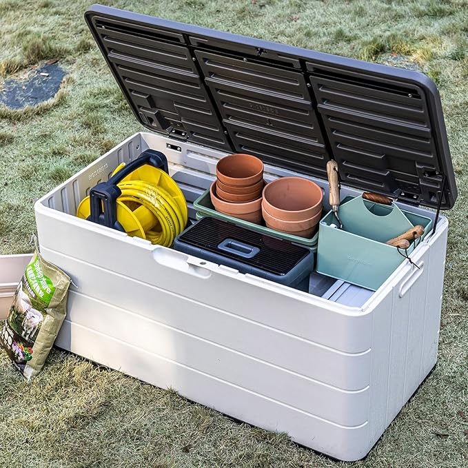 100 Gallon Outdoor Storage Box Waterproof Lockable Resin Deck Box Large, Patio Storage Bin for Pool Accessories Cushion Furniture, Garden Tools, UV-Resistant Outside Delivery Black&White