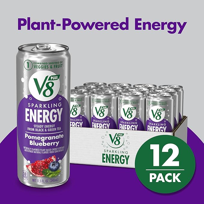 V8 +Energy Sparkling Pomegranate Blueberry Juice Energy Drink, 11.5 fl oz Can (12 Pack)