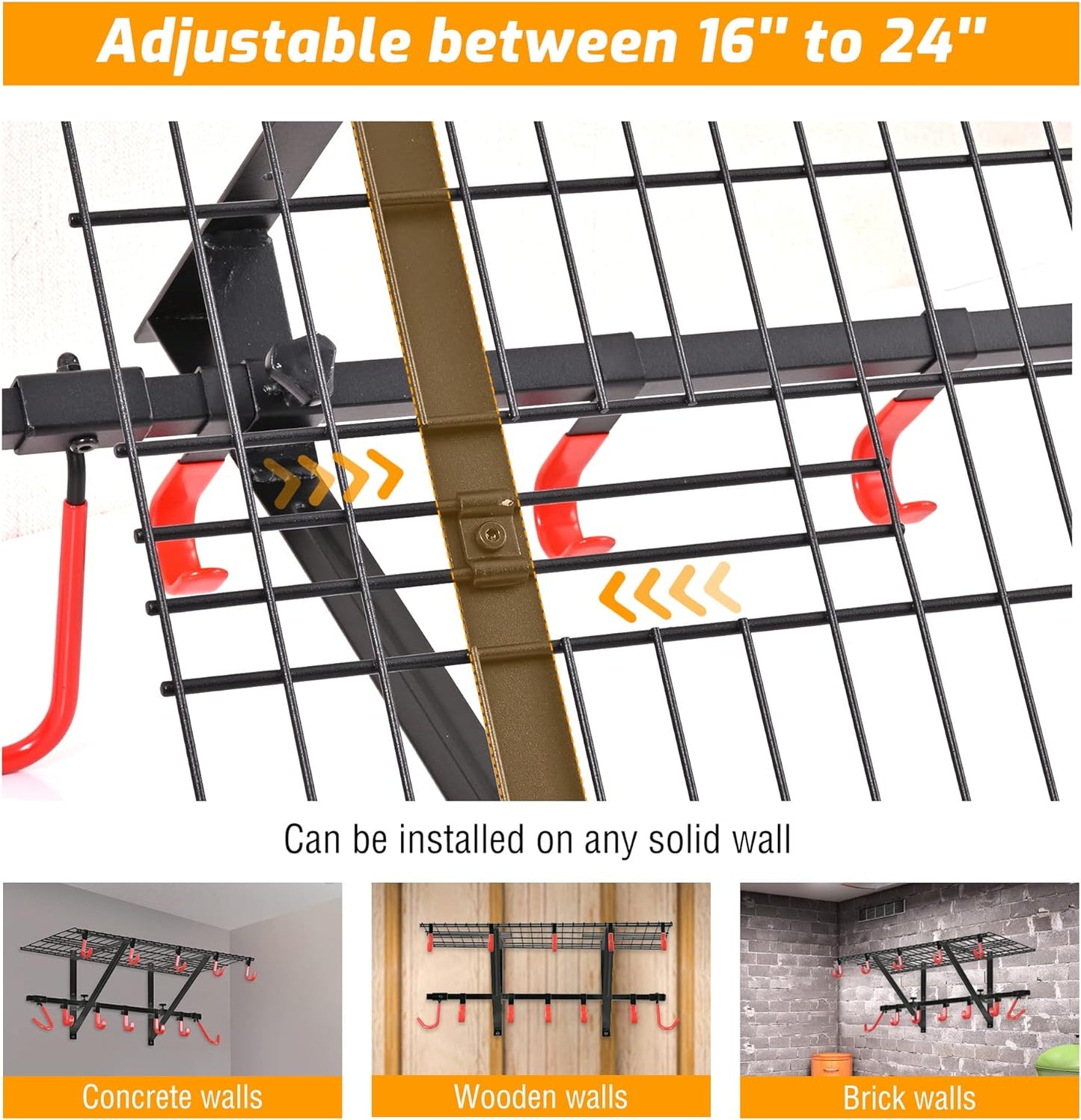 PLKOW Garage Wall Shelving 4-Pack Includes Bike Hooks, Sturdy Adjustable Garage Shelving Wall Mount Garage Wall Organizer (Black, 4-Pack)