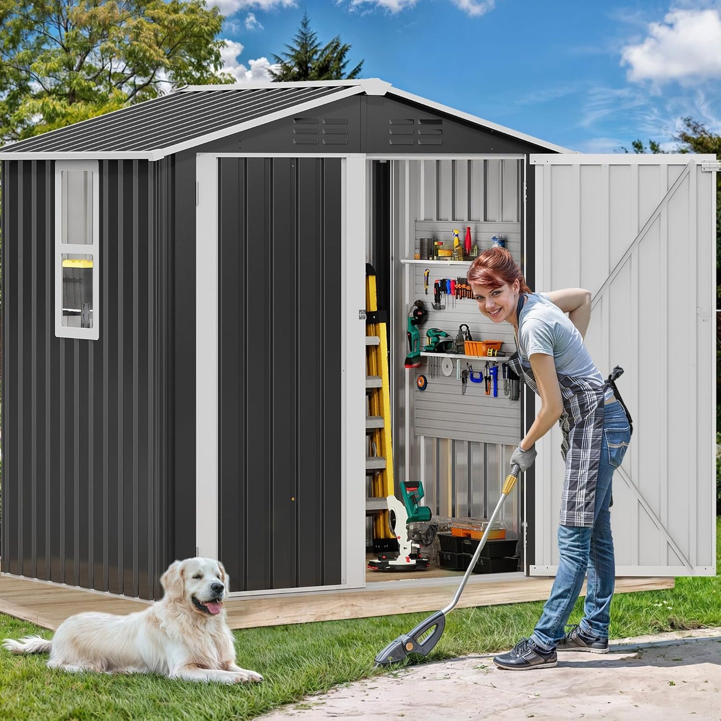 DWVO 6x4ft Metal Outdoor Storage Shed with Window, Lockable Tool Storage Sheds, Steel Garden Sheds with Sloped Roof for Backyard, Patio, Garage, Lawn, Gray + White