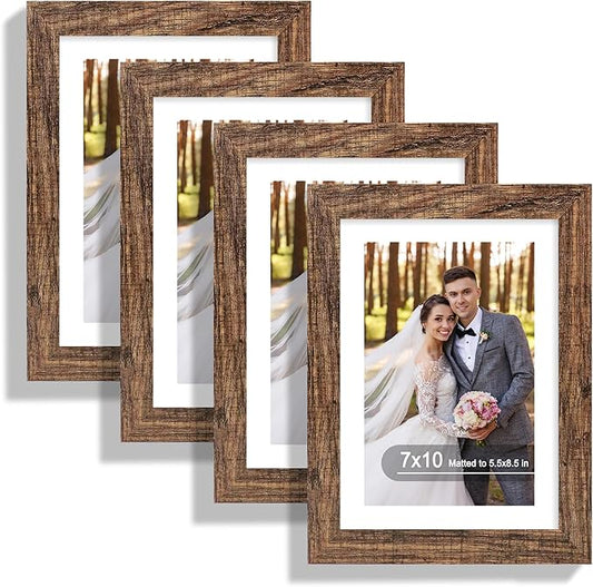 7x10 Picture Frame Set of 4, Made of Real Glass and Rustic Brown Frame - Display Picture 5.5x8.5 with Mat or 7x10 Without Mat, 7 by 10 Photo for Wall or Tabletop