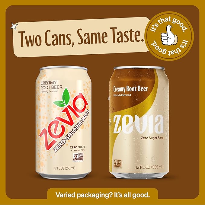 Zevia Zero Sugar Soda, Creamy Root Beer, 12 oz Cans (24-Pack) – Naturally Sweetened, Non-GMO Project Verified, Gluten-Free, Vegan