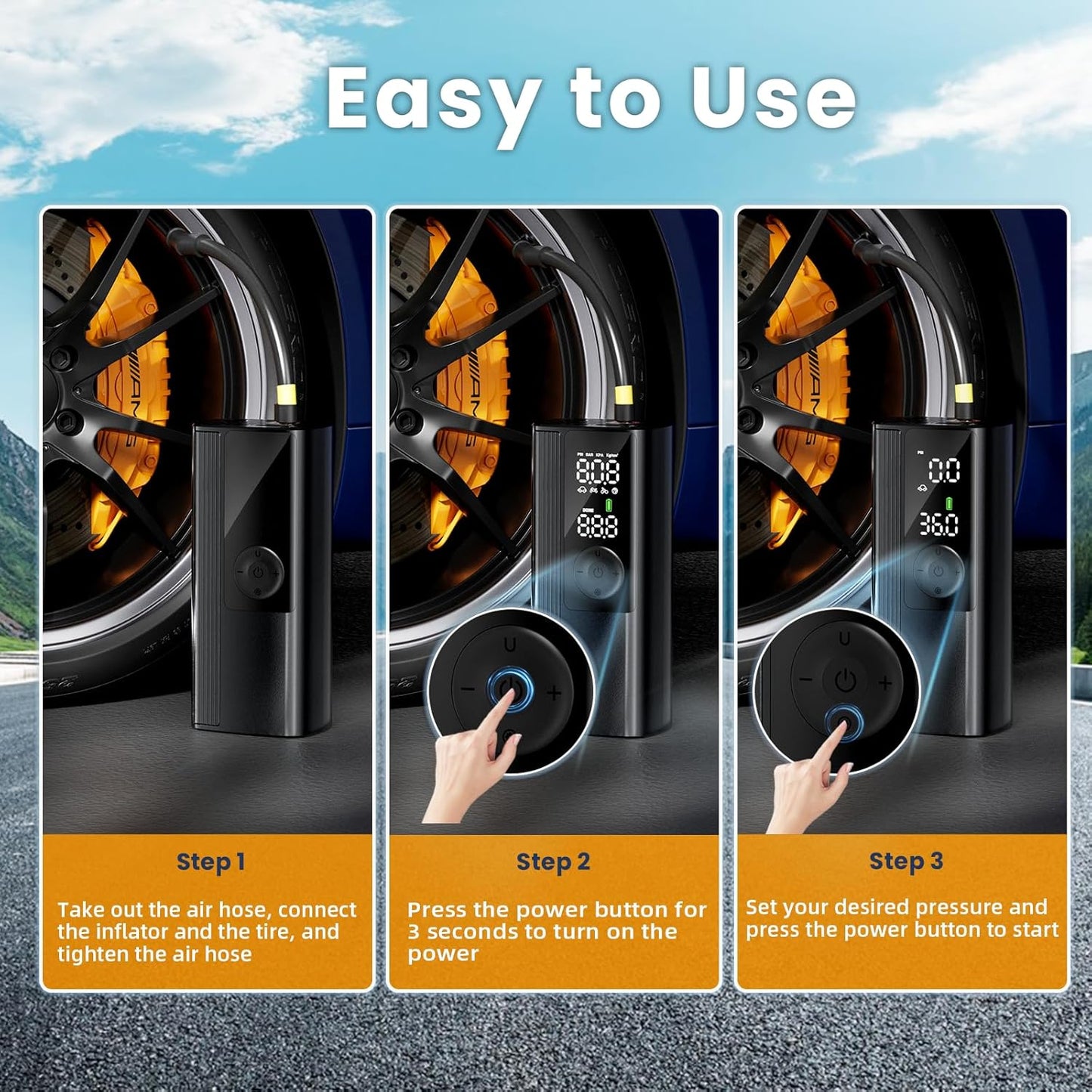 Tire Inflator Portable Air Compressor, Cordless Air Pump for Car Tires with Digital Pressure Gauge, 150 PSI Fast Tire Inflator for Car, Motorcycle, Bicycle - LED Light and Auto Shut-Off