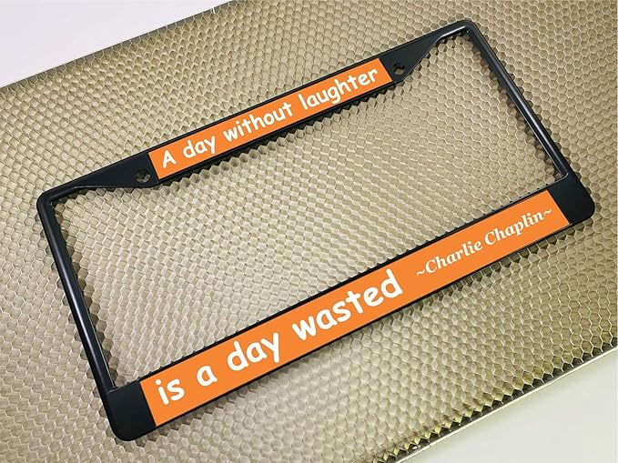Custom Personalized Black Powder-Coated Metal Laser Engraved Standard Size - Car/Automobile License Plate Frame with Free caps - Orange/White Text (Qty: 1 Frame)