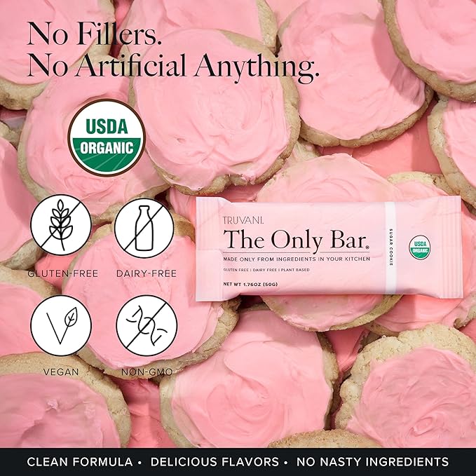 Truvani Plant Based Snack Bars | Sugar Cookie 12 Pack | 6g Protein | USDA Organic and Vegan | The Only Bar | Dairy, Soy, and Gluten Free | Individually Wrapped