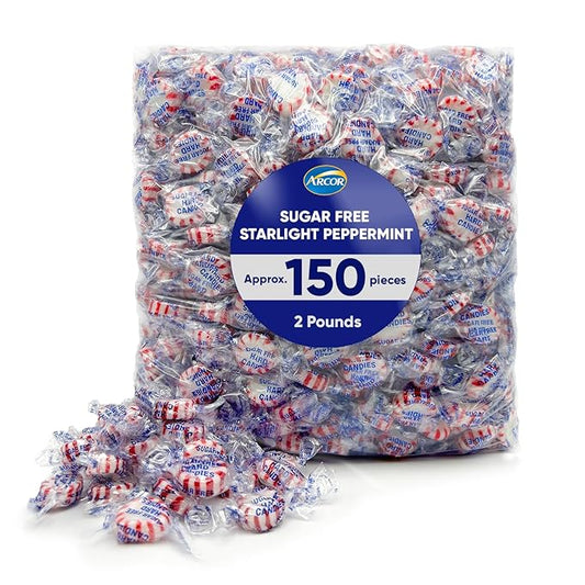 Arcor Starlight Peppermint Sugar Free Hard Candy - 2 Pounds Approx 150 - Sugar Free Candy, Peppermint Candy - Bulk Candy Individually Wrapped - Christmas Candy Bulk- Ideal for Holiday Season