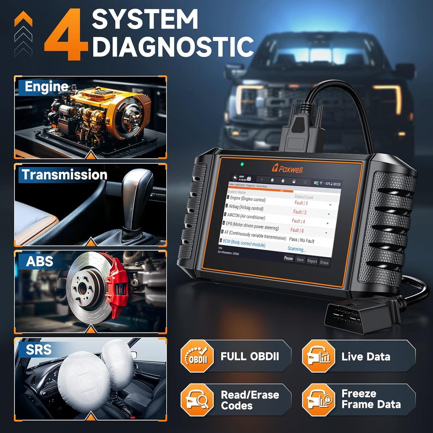 FOXWELL NT716 Bidirectional OBD2 Scanner – ABS, Airbag, Transmission, Engine Scanner with 9 Service Resets Including ABS Bleeding Oil Light, EPB, BMS, DPF, Throttle Relearn, Orange