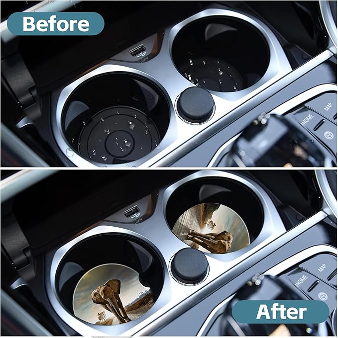Walking Elephant Car Cup Holder Coaster, Car Coasters for Cup Holder, 2 Pack Natural Animal Landscapes Anti-Slip Absorbent Ceramic Car Cup Coasters for Women Men with Finger Notch Cork Base 2.56"