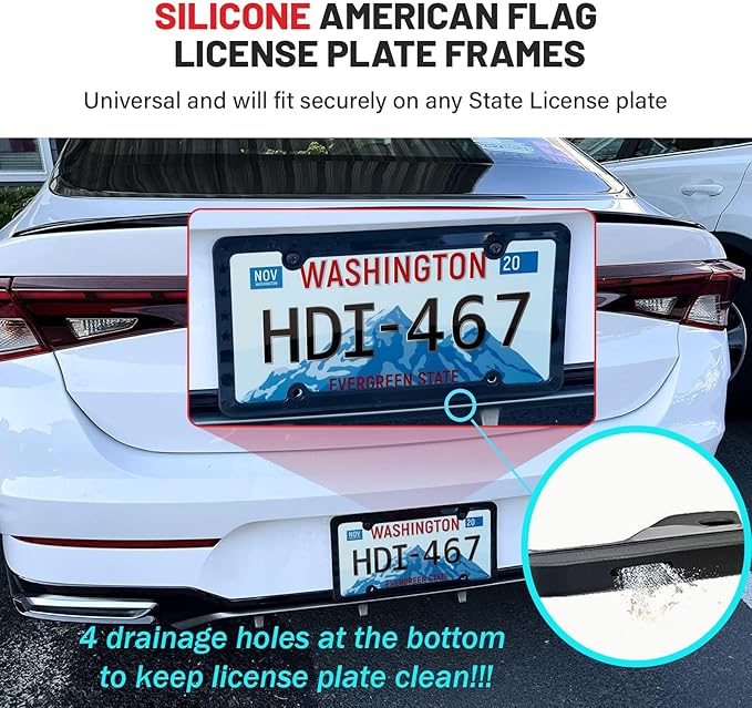 RED WOLF Silicone License Plate Frame American Flag Auto Tag, Subdued 3D Stars and Stripes USA Flag Front Rear License Plate Bracket Holder, Black Rattle Proof w/Mounting Accessories