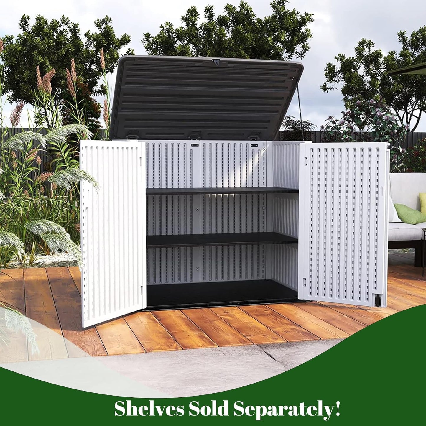 ADDOK Horizontal Storage Shed Outdoor with Floor, 27 Cu Ft Capacity Plastic Storage Shed with Lockable Double Doors, All-Weather Condition Use for Patio, Backyard, Lawn and Garden, White