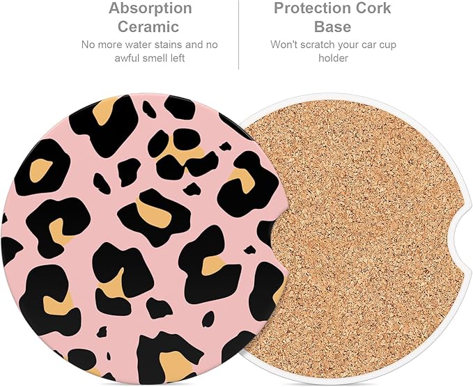 Car Cup Holder Coaster, Car Coasters for Cup Holders, 2 Pack Universal Anti Slip Insert Absorbent Ceramic Auto Interior Accessories with A Finger Notch & Cork Base, Pink Leopard Print