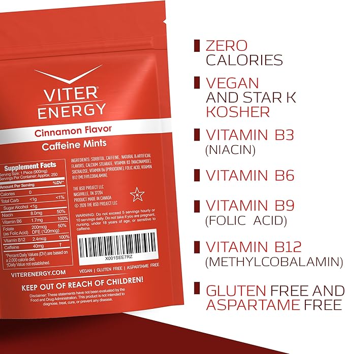 Viter Energy 40mg Caffeine Mints - Sugar Free, B Vitamins, Vegan, Boosts Fast Energized Alert Focus, Caffeinated Nootropic Supplement Pills (Cinnamon Flavor, 8oz, Bulk Bag)