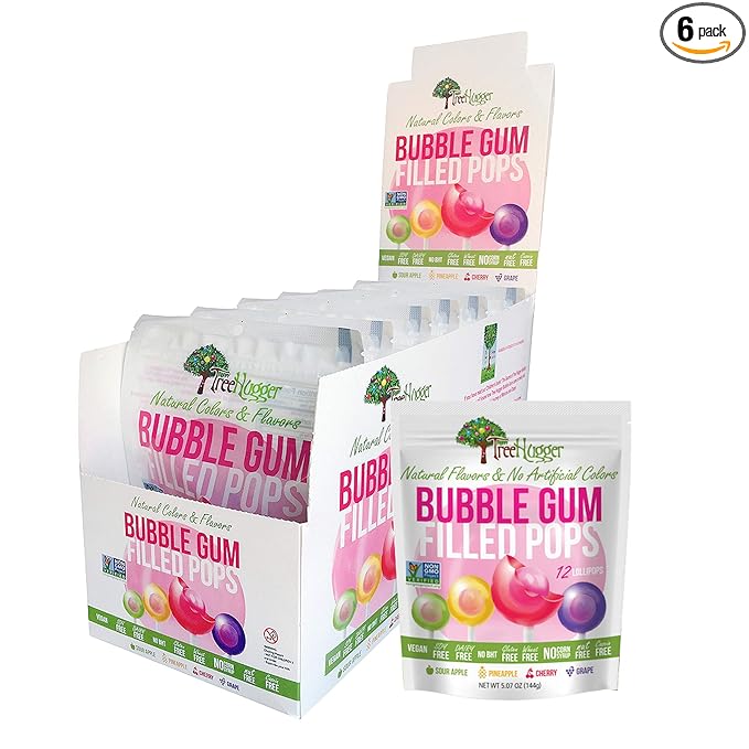 Tree Hugger Bubble Gum Filled Pops in Stand Up Resealable Bags, 6 Bags (12 Pops Per Bag).