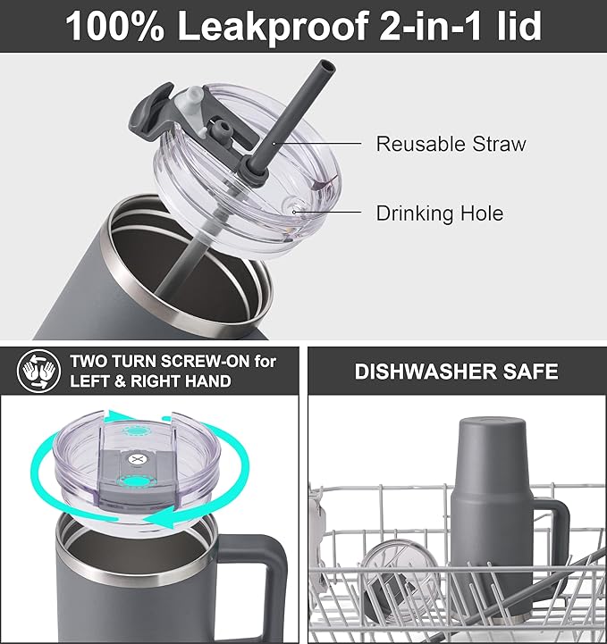 SUNWILL Coffee Tumbler with Handle, 20 oz Travel Mug with Lid and Straw Insulated, Stainless Steel Cup Leak Proof for Travel & Outdoor, Cupholder Friendly, Powder Coated Charcoal