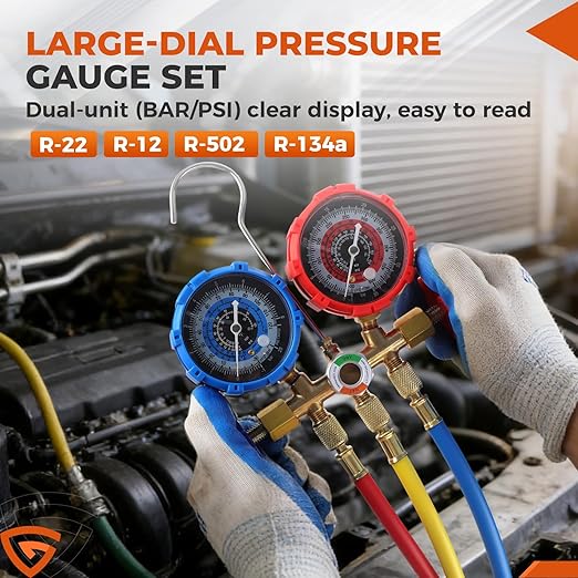GEARLAST Digital HVAC Manifold Gauge Set, 3 Way AC Refrigerant Pressure Gauge for R134 R22 R12 R502, Recharge & Recovery Professional Automotive & Air Conditioning Tool Kit with Hoses