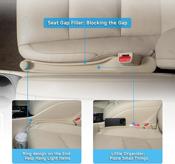 Car Seat Gap Filler Set of 2, Soft Foam Multifunctional Seat Side Gap Filler with Organizer & Hook Function, 3in1 Gap Stopper Universal Fit Car SUV Truck Fill The Gap Between Seat & Console
