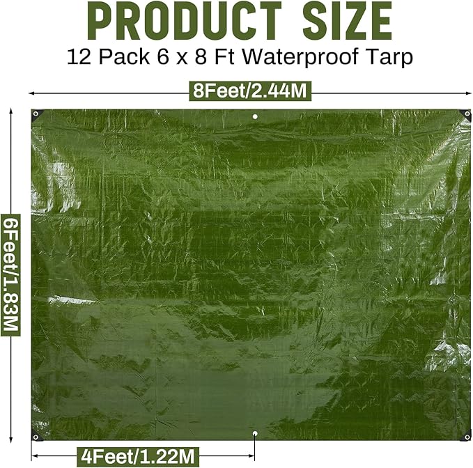 12 Pack 6 x 8 ft 5.5 Mil Large Tarps Heavy Duty Waterproof Tarp Multi Purpose Tent Cover for Home Boats Cars Camping Patio Furniture Roof Emergency Rain Protective Cover, Army Green