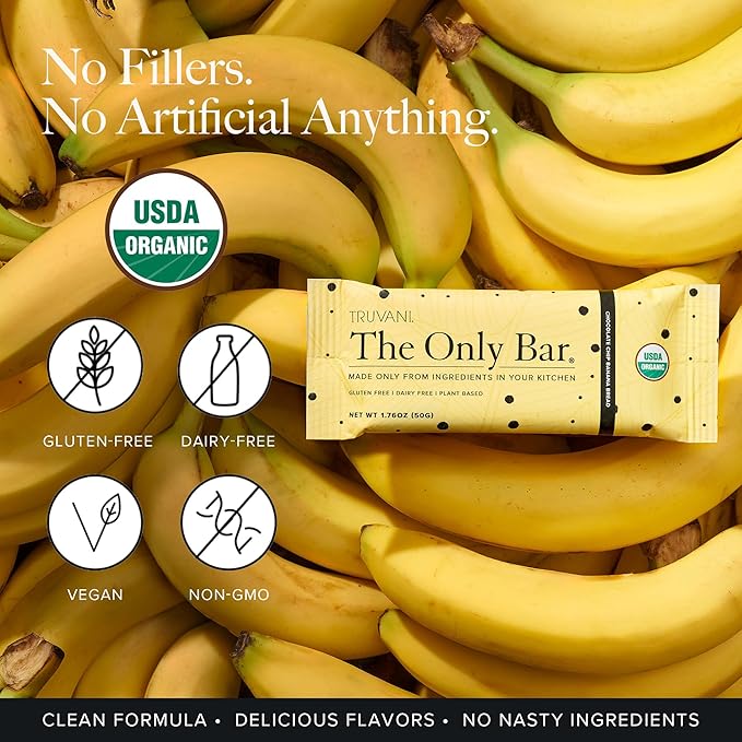 Truvani Plant Based Snack Bars | Chocolate Chip Banana Bread 1 Pack | 5g Protein | USDA Organic and Vegan | The Only Bar | Dairy, Soy, and Gluten Free | Individually Wrapped