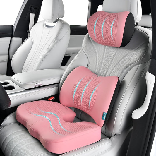 FLORICH 3 PCS Seat Cushion for Carseat Lumbar Support Pillow Car Neck Headrest Pillows Memory Foam Seat Pads Pressure Relief Back Cushion for Office Chair(Pink)