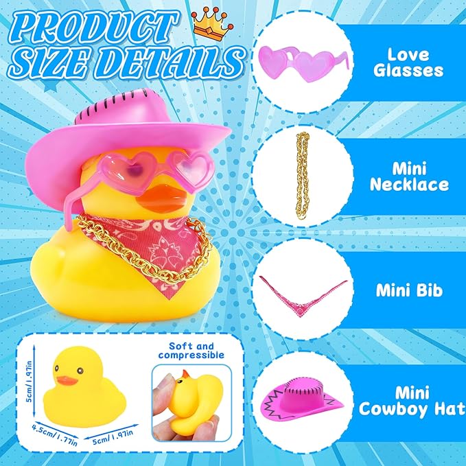 Funny Rubber Ducks for Car & Home Decor - Mini Rubber Duck with Cowboy Hat, Pink Heart Sunglasses, Scarf & Gold Chain | Easy DIY Squeaky | Pink Car Accessories Gift for Adults,Car Enthusiasts