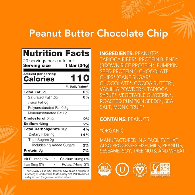 ALOHA Organic Plant Based Protein Bar MINIS |Peanut Butter Chocolate Chip | 20 Count, 24g Bars | Vegan, Low Sugar, Gluten Free, Low Carb, Non-GMO, Stevia Free, Soy Free, No Sugar Alcohols