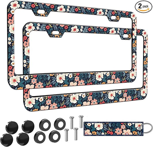 2pcs Cute Folk Floral License Plate Frame for Women, Colorful Flowers car Decorative tag Frames Girly,Beautiful Floral License Plate Cover Holder for Vehicle with Double Sided car Keychain tag