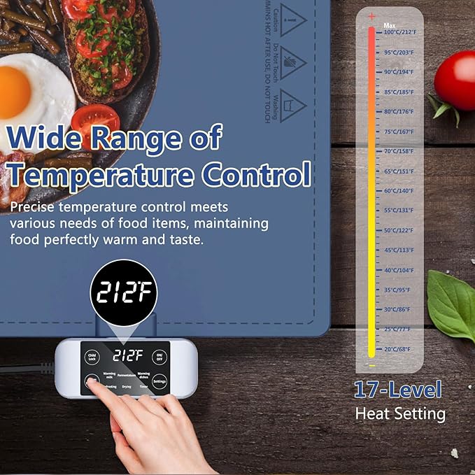 Waterproof Electric Food Warming Mat, Food Grade Silicone Warming Tray with 17 Temp Setting and 6 Hours Timer, Full Surface Heating Mat, Roll Up Food Warmers for Parties Buffet (Navy Blue)