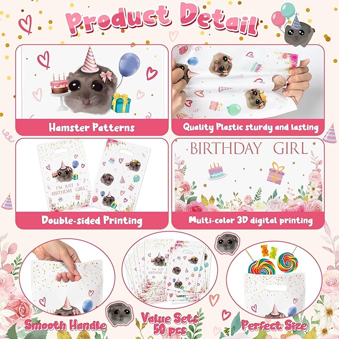 50Pcs Hamster Party Favor Bags, Sad & Cute Hamster Themed Goodies Candy Treat Bags Party Decorations for Girls Birthday Baby Shower Animals Themed Activities Supplies