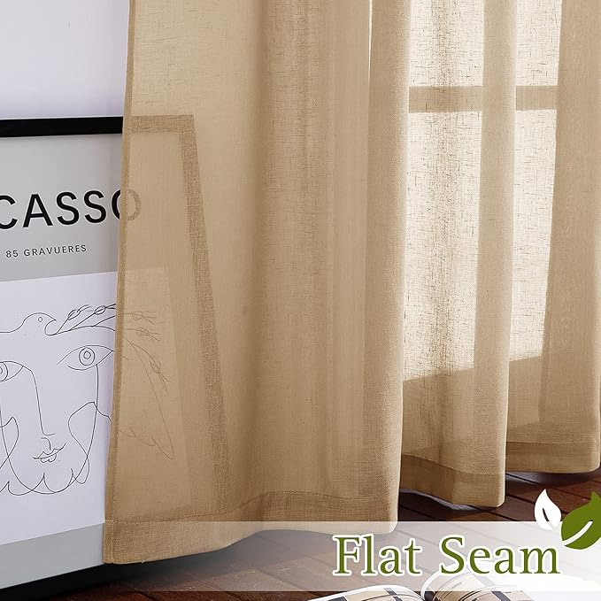 NICETOWN Sheer Curtains Flax Texture 84 inch Length, Grommet Semi Sheer Window Treatments Privacy with Light Filtering Drapes for Bedroom/Living Room, Camel, W52 x L84, 2 Panels