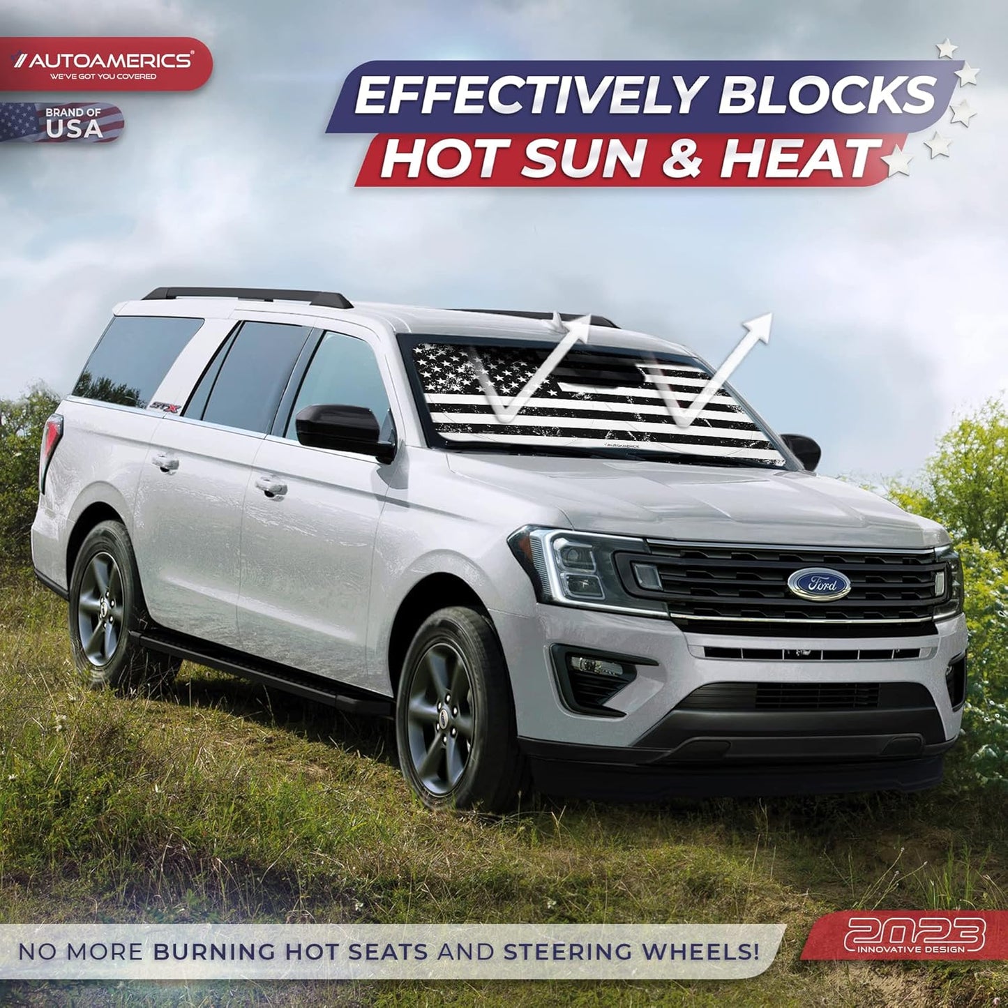 Autoamerics Truck Windshield Sun Shade with Storage Pouch & Anti-Slip Dash Pad - Foldable Grunge B&W USA Flag Design - Fits Most SUVs & Trucks - Reflective 230T Material | X-Large (66 x 36 inches)